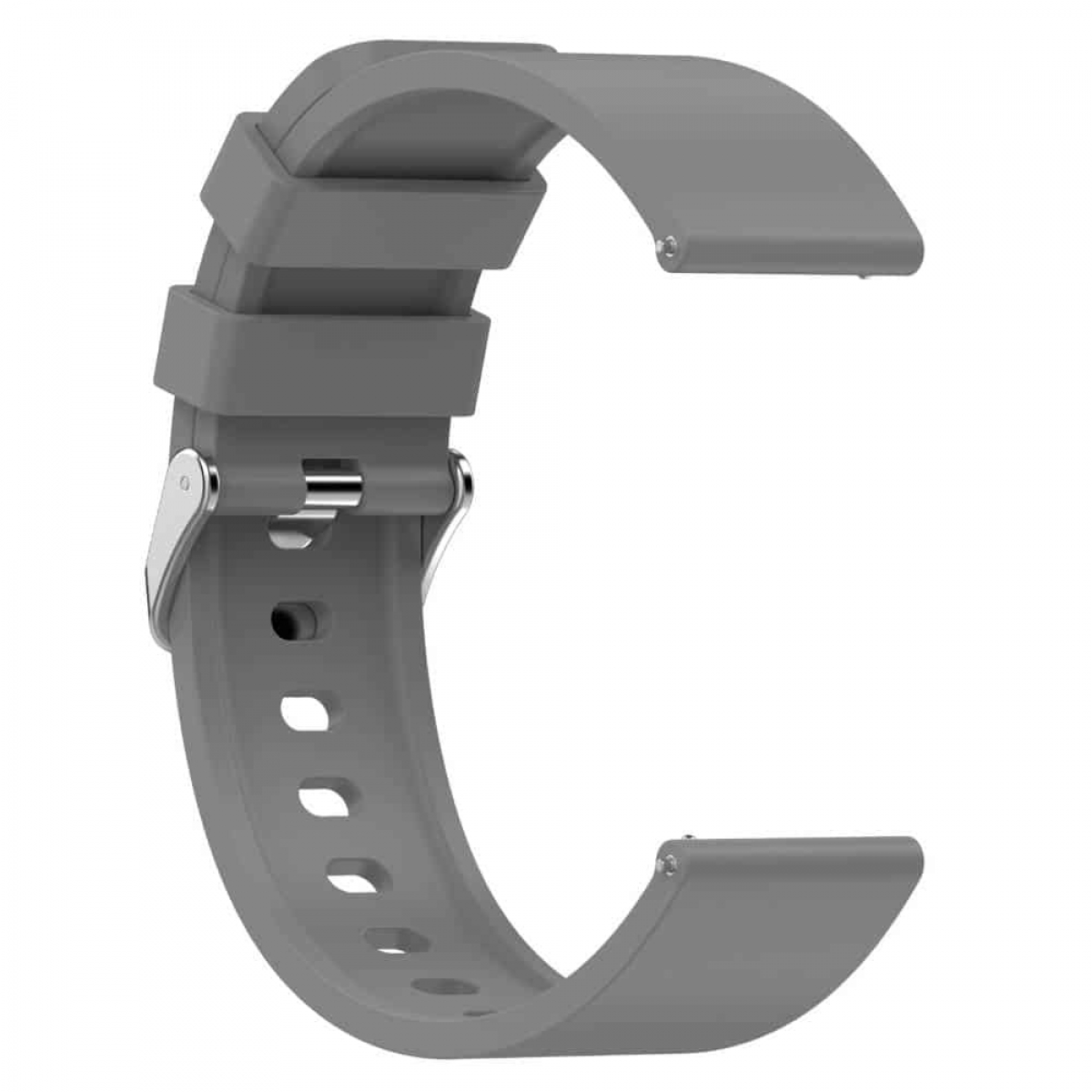 Graues Uhrenarmband auf weißem Hintergrund. Das Armband hat ein klassisches Design mit silberner Schnalle.