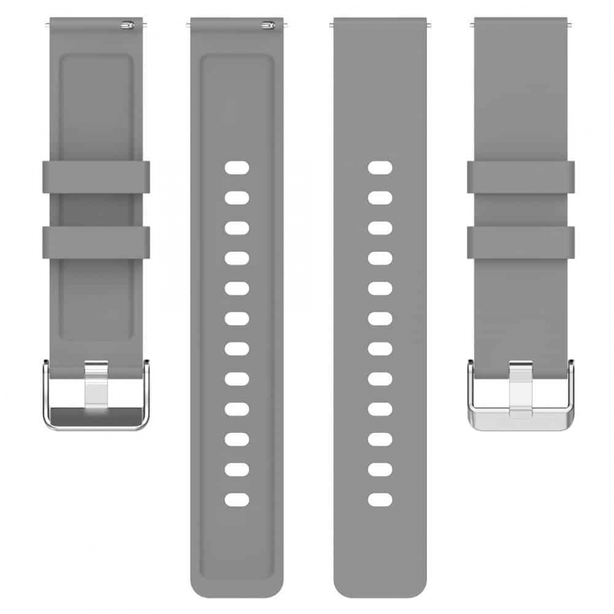 Drei graue Armbänder werden angezeigt. Zwei sind lang, einer hat Löcher. Zwei haben silberne Metallverschlüsse.
