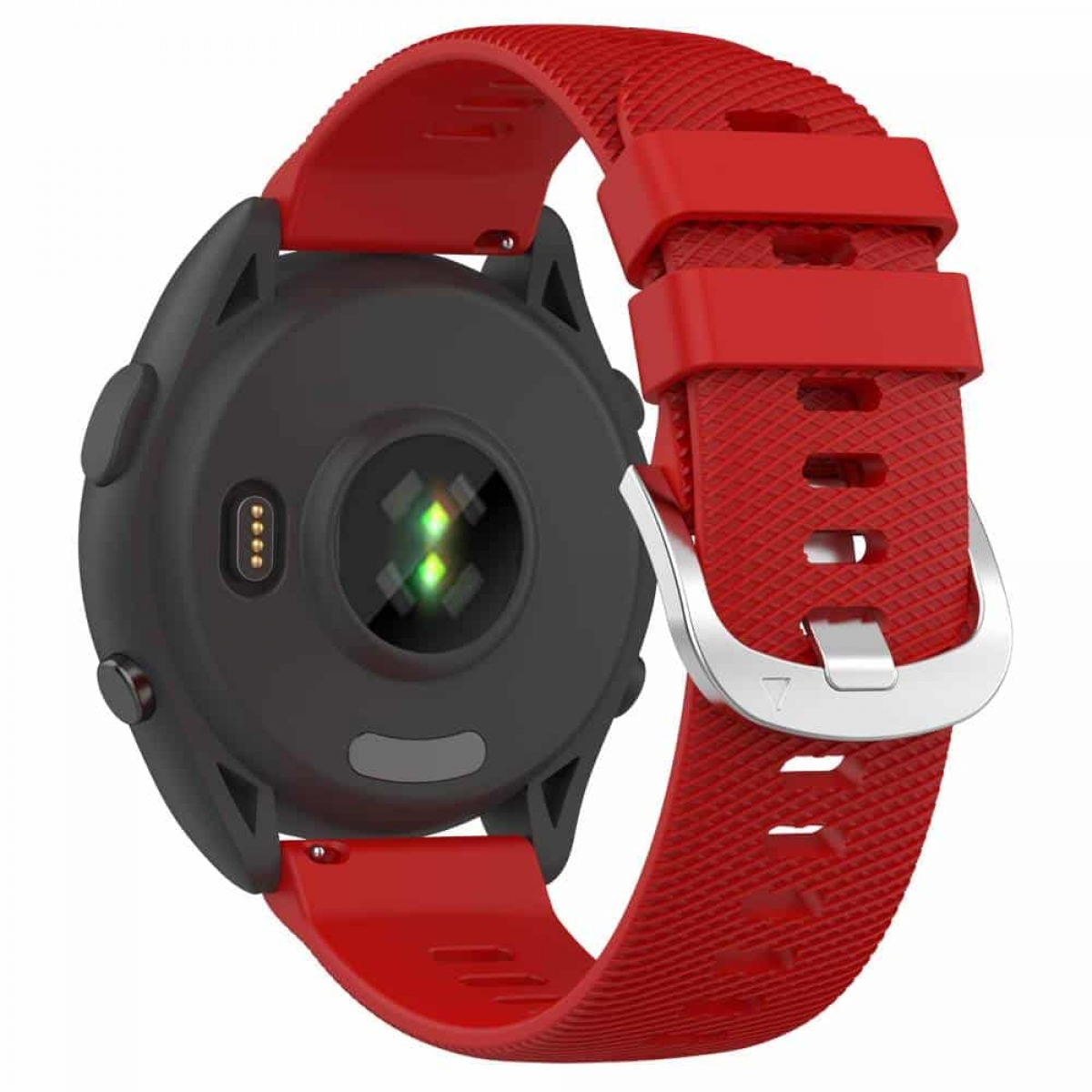 Smartwatch-Rückseite, rotes Armband. Zeigt Herzfrequenzsensor und Ladekontakte. Silberne Schnalle.