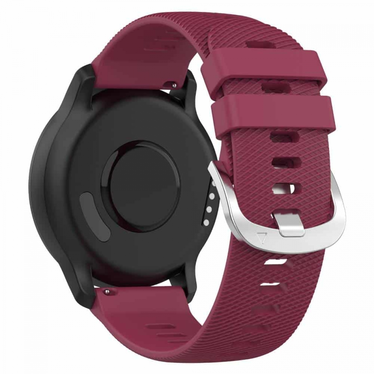 Rückansicht einer Smartwatch mit einem weinroten Armband. Das Armband hat eine Metallschnalle.