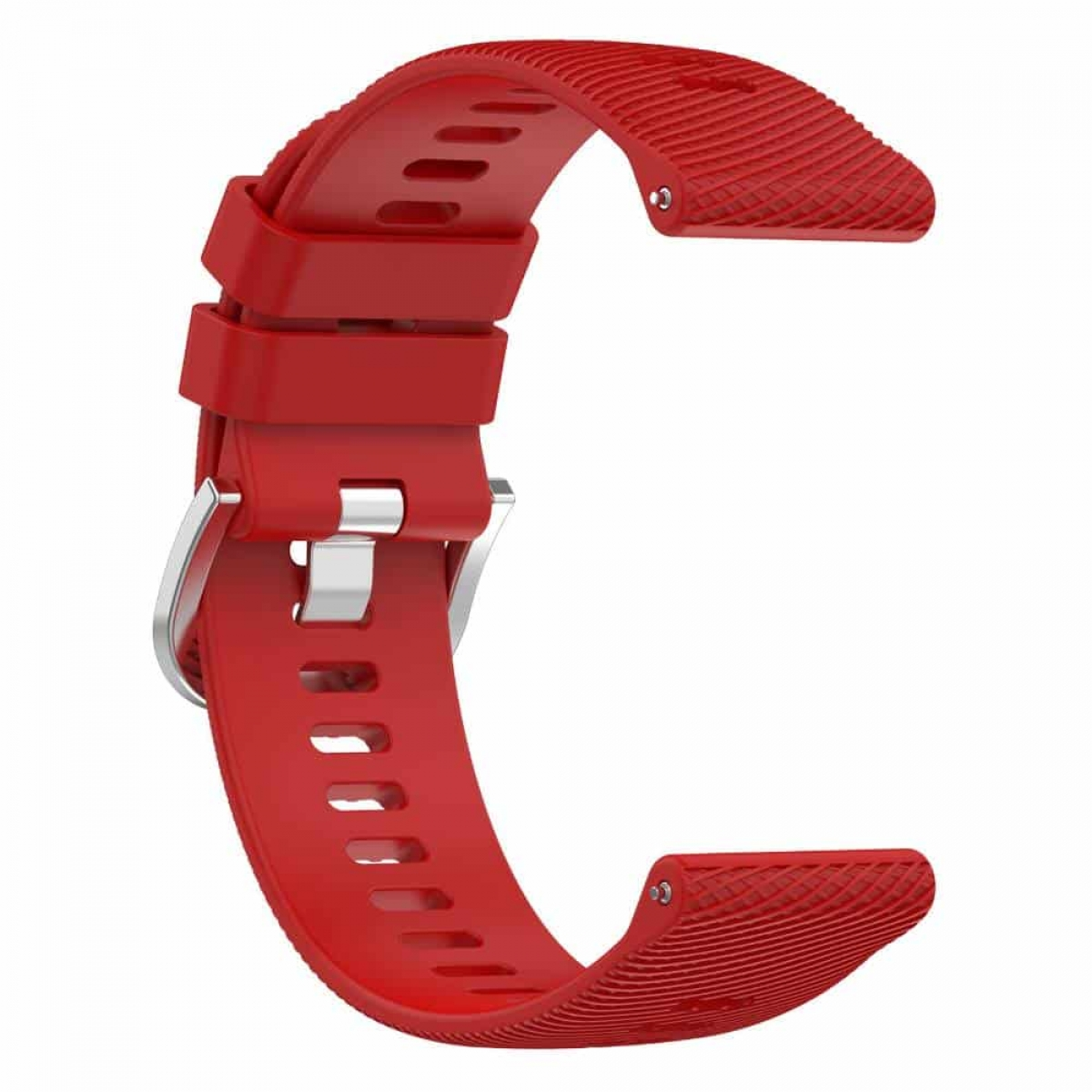 Rotes Uhrenarmband in C-Form, mit silberner Schnalle und strukturierter Oberfläche.