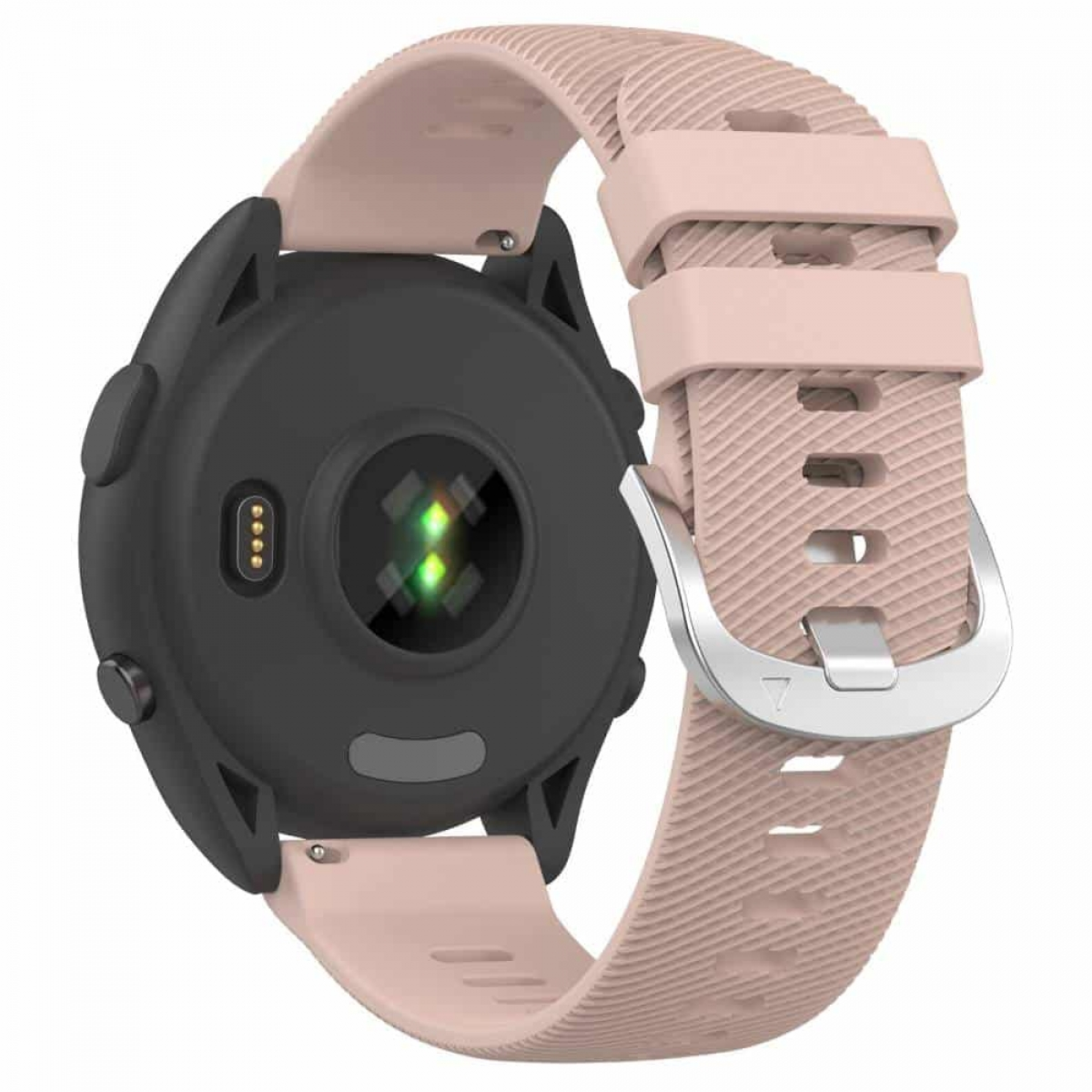 Eine rosa Smartwatch mit rosafarbenem Armband. Die Unterseite der Uhr ist schwarz.
