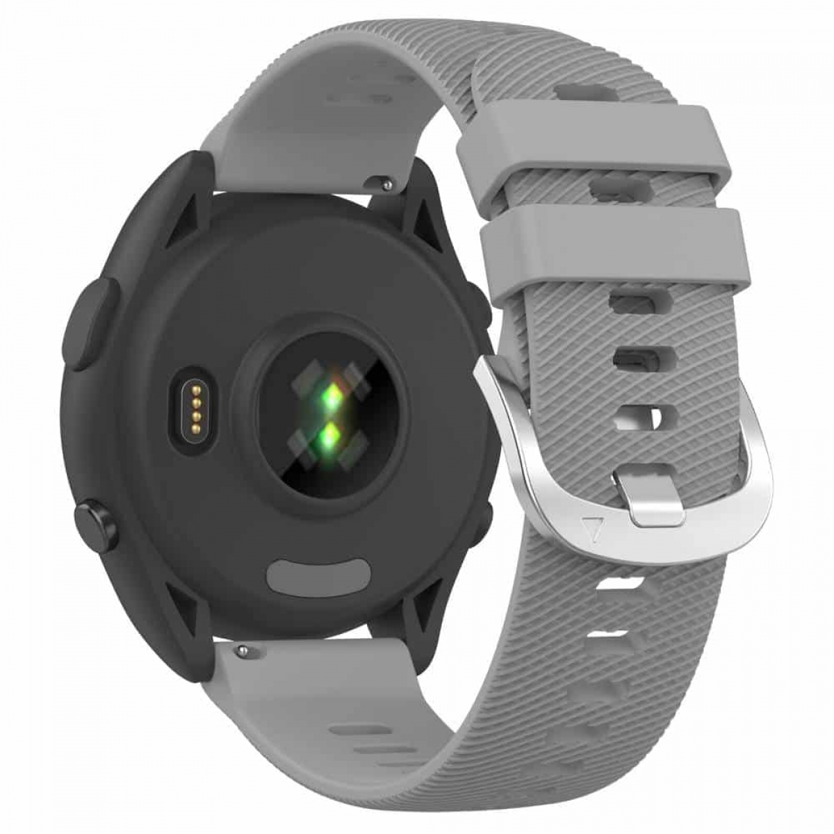Schwarze und graue Smartwatch mit grauem Armband. Rückseite der Uhr. Weißer Hintergrund.