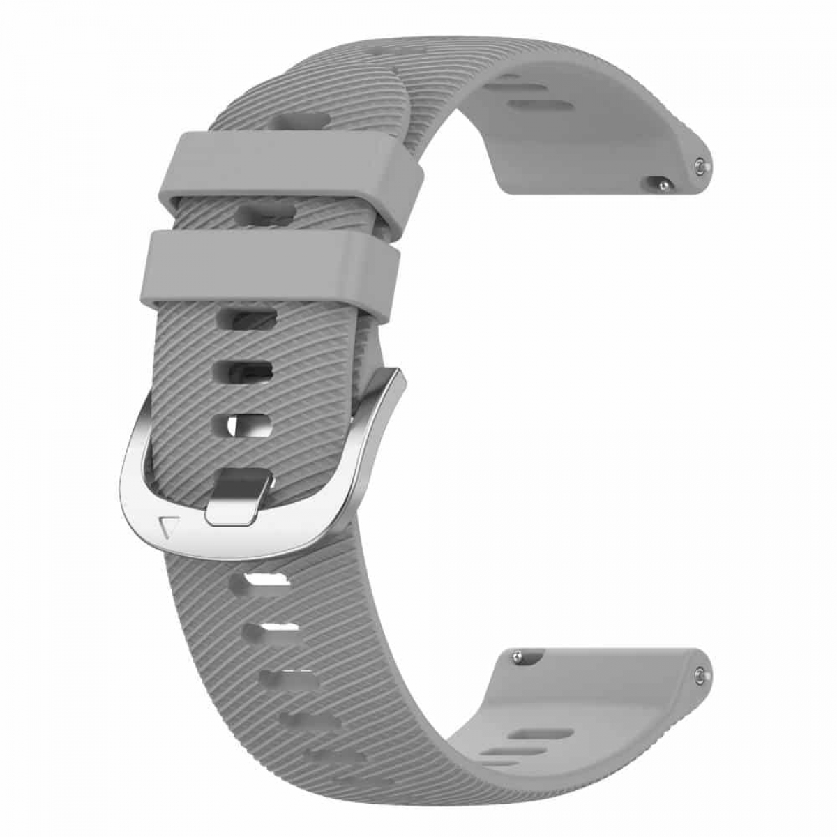Ein hellgraues Uhrenarmband mit einer silbernen Schnalle. Das Band hat eine geriffelte Textur.