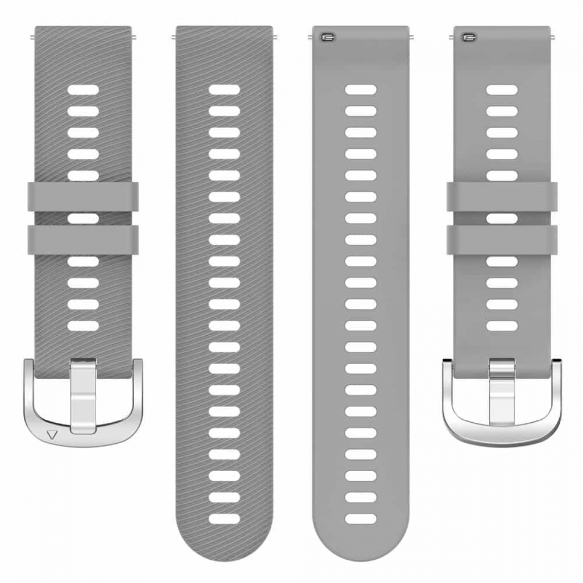Drei graue Uhrenarmbänder. Sie haben Löcher und Metallschnallen zur Befestigung der Uhr.