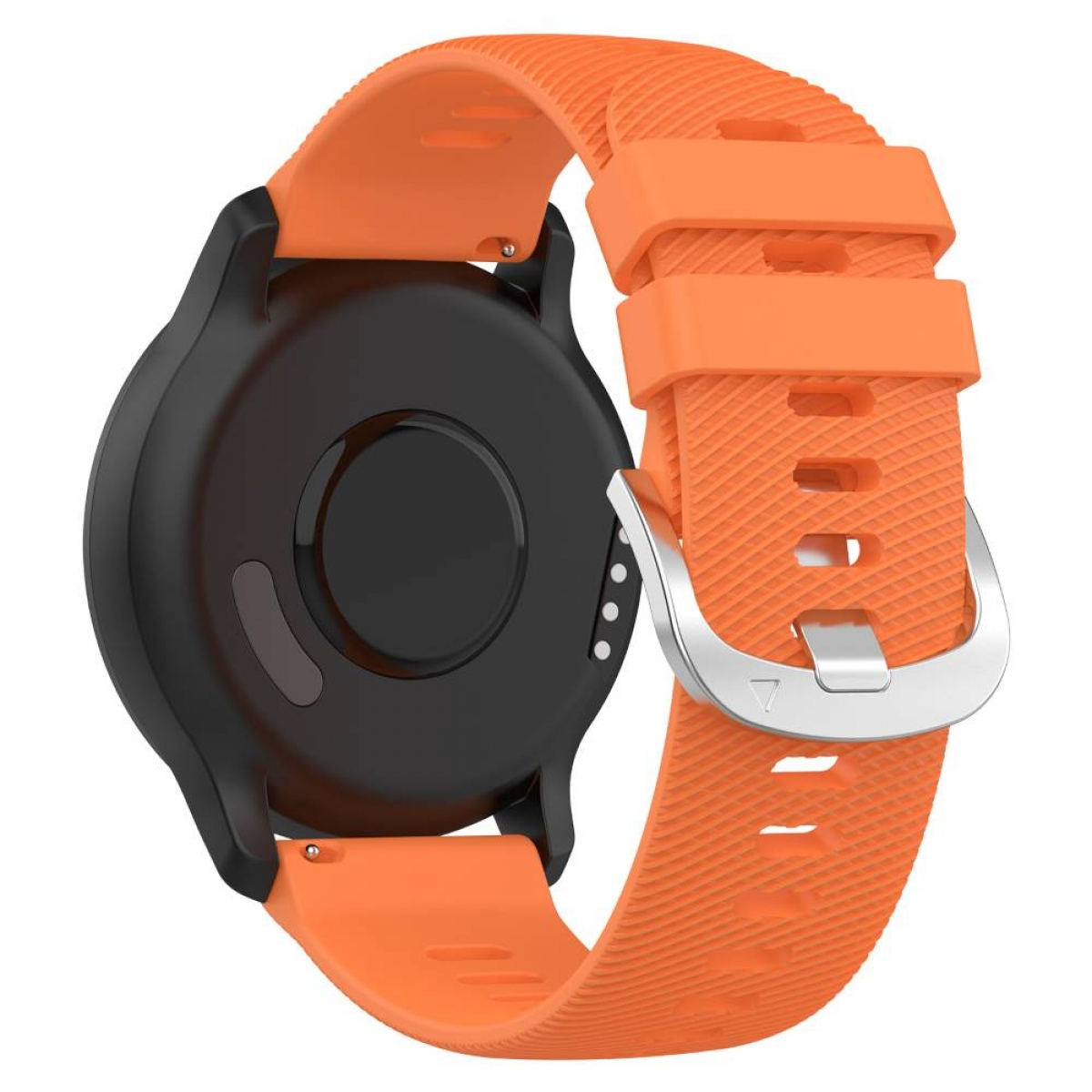 Ein orangefarbenes Uhrenarmband mit einer silbernen Schnalle und einer schwarzen Uhr.