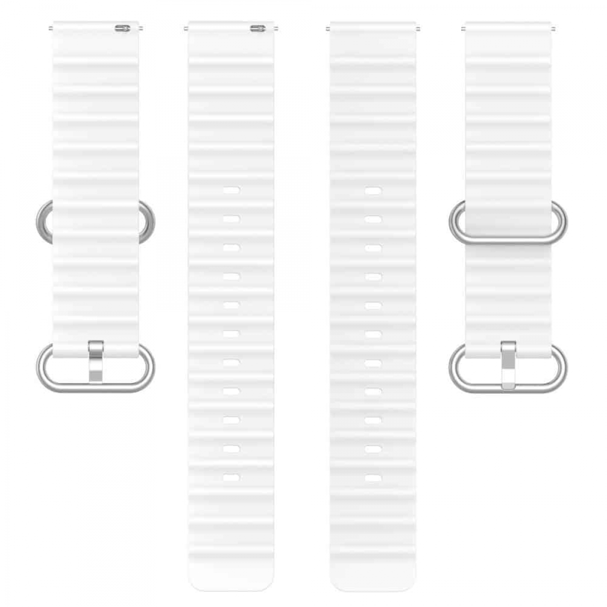 Vier weiße Uhrenarmbänder mit Metallschnallen, zwei lang und zwei kurz.