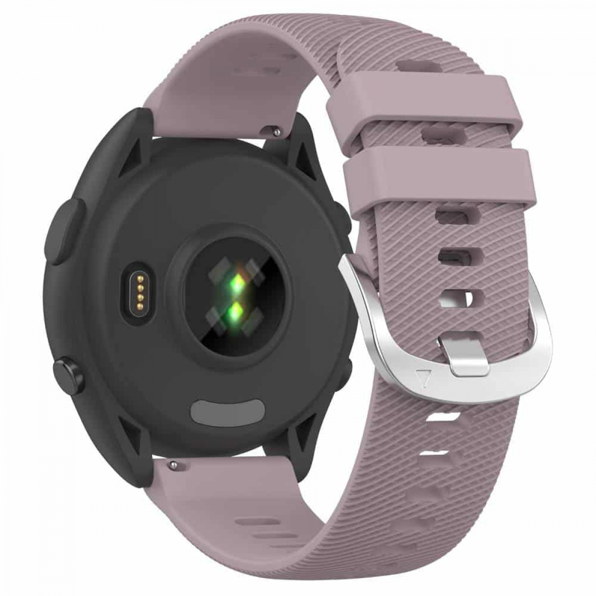 Eine Uhr mit pinkfarbenem Armband, die Rückseite zeigt Sensoren.