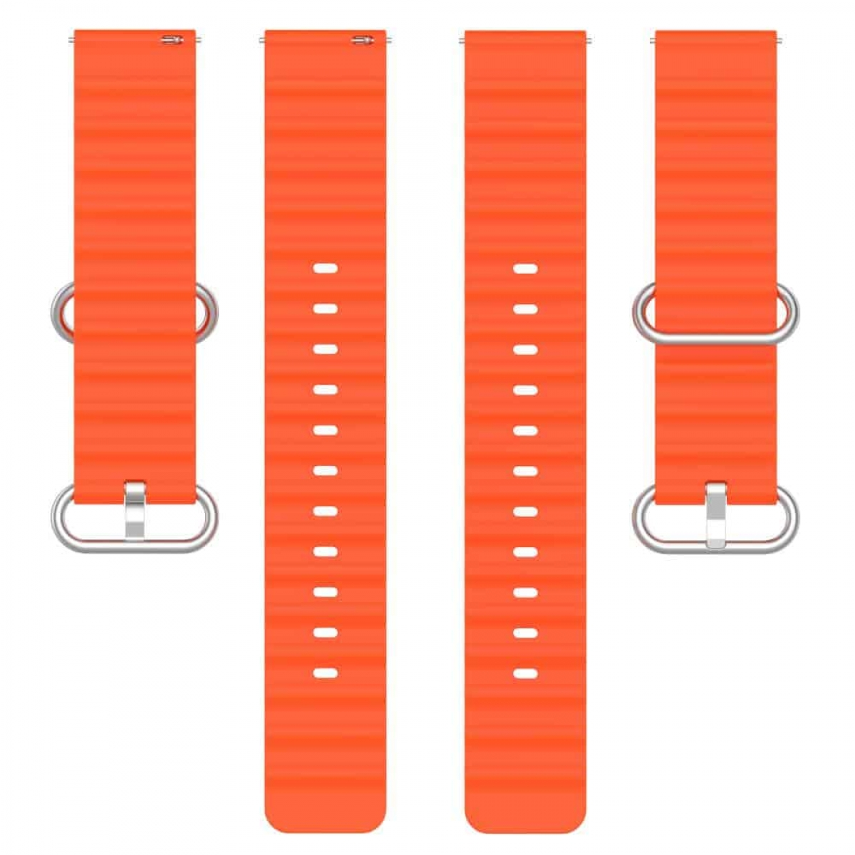Orangene Uhrenarmbänder mit Metallverschlüssen, auf Weiß angeordnet.