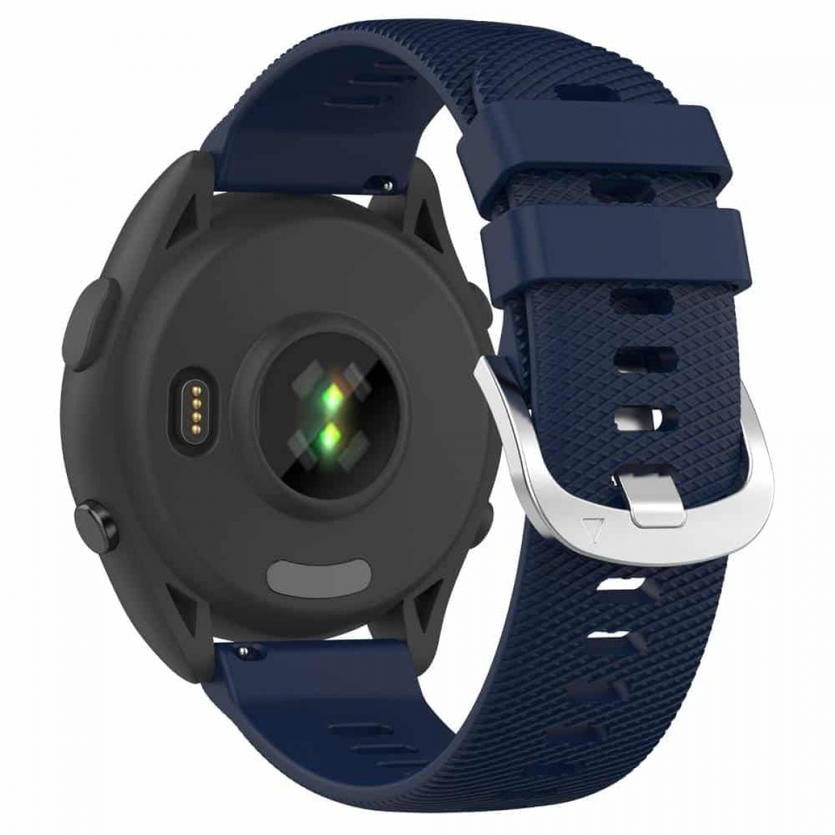 Eine Smartwatch mit dunkelblauem Armband und Sensoren auf der Rückseite. Das Zifferblatt ist schwarz.