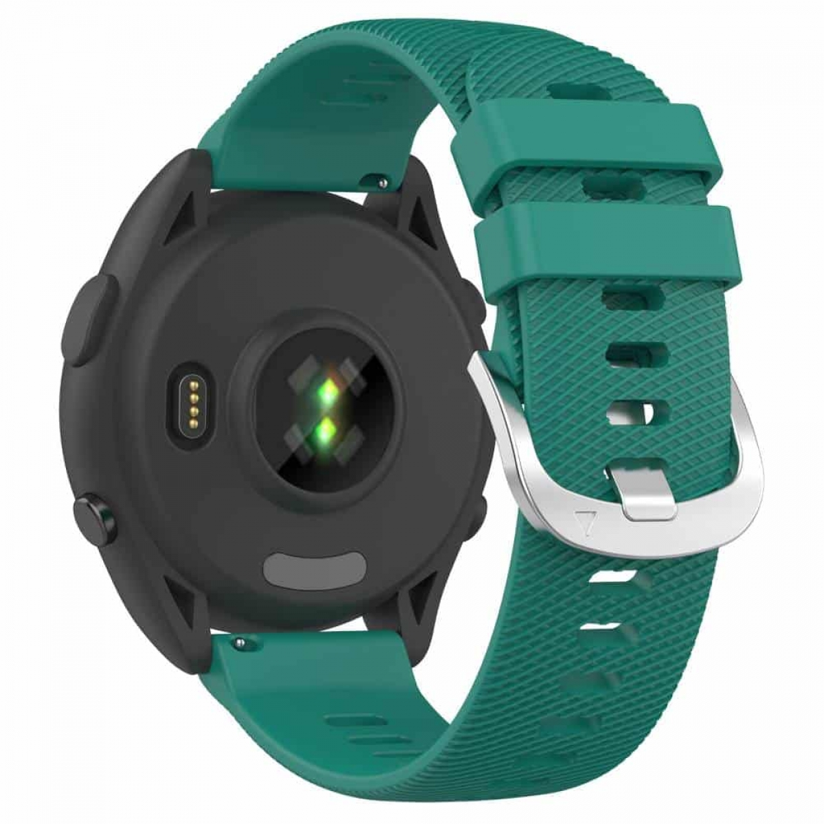 Schwarze Smartwatch mit grünem Armband. Die Rückseite zeigt einen Herzfrequenzsensor.