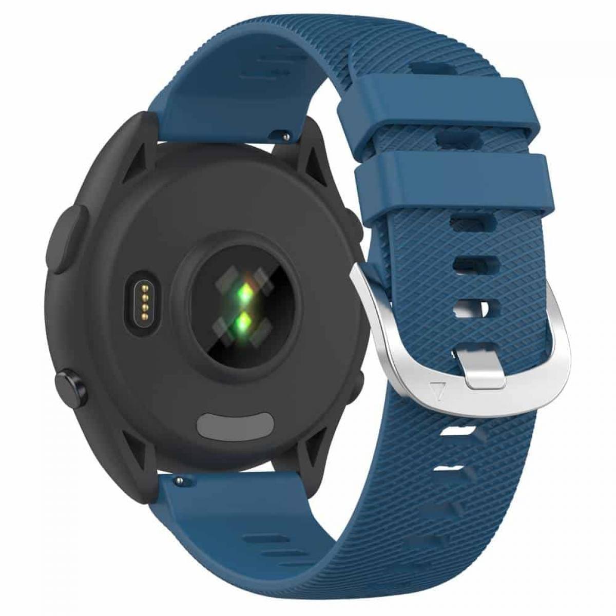 Smartwatch mit blauem Armband, schwarzes Zifferblatt. Rückseite mit Sensoren sichtbar.