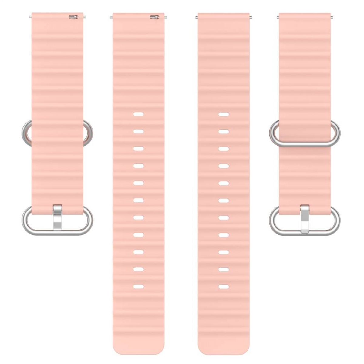 Vier rosa Uhrenarmbänder mit silbernen Verschlüssen zur Präsentation.