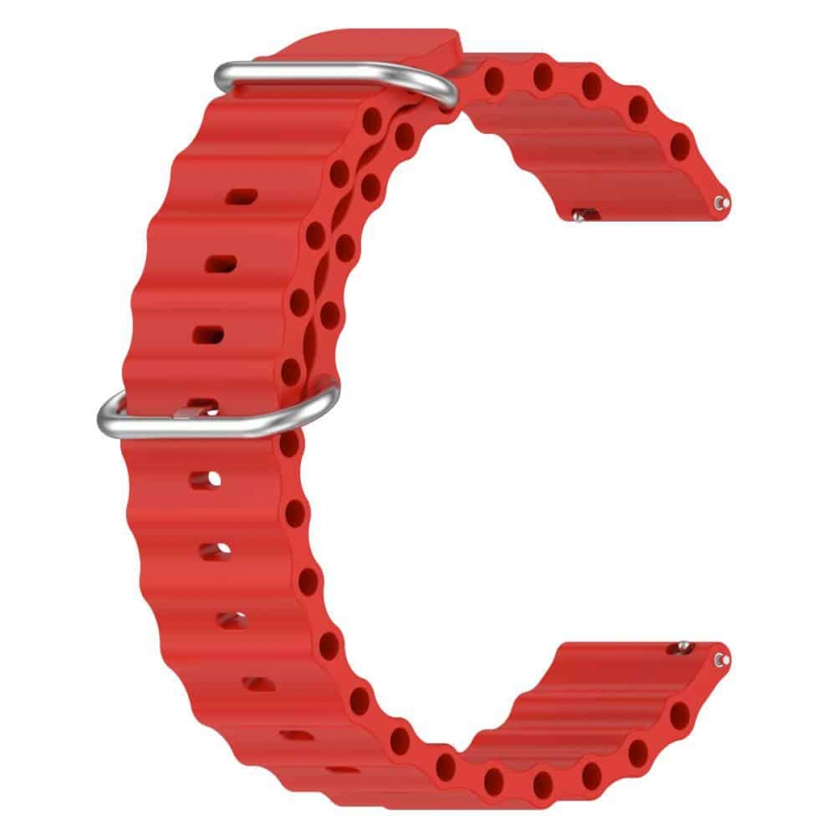 Rotes Uhrenarmband aus geriffeltem Silikon mit Metallschnallen. Es ist C-förmig vor weißem Hintergrund.
