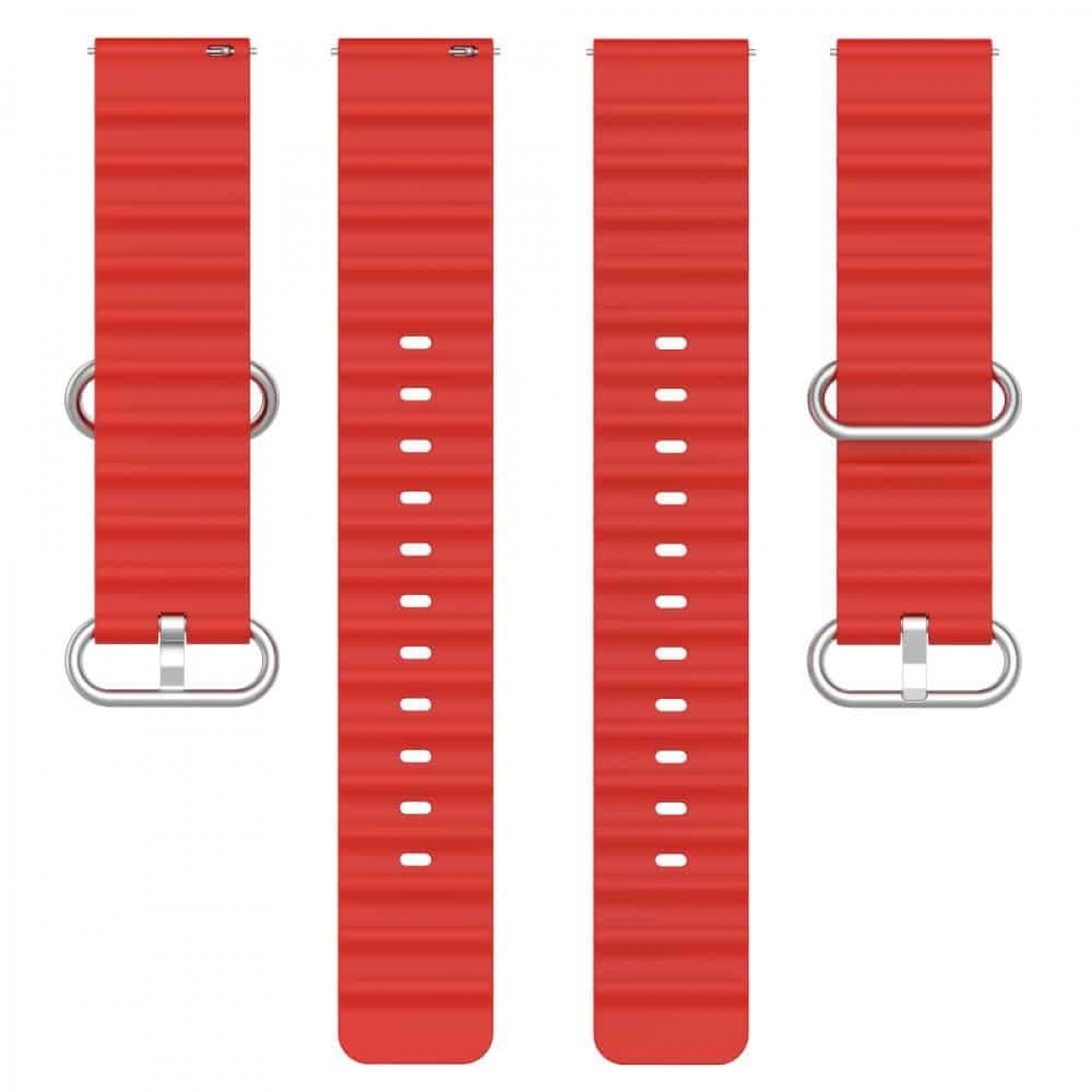 Vier rote Uhrenarmbänder mit Metallschnallen. Die Bänder sind geriffelt.