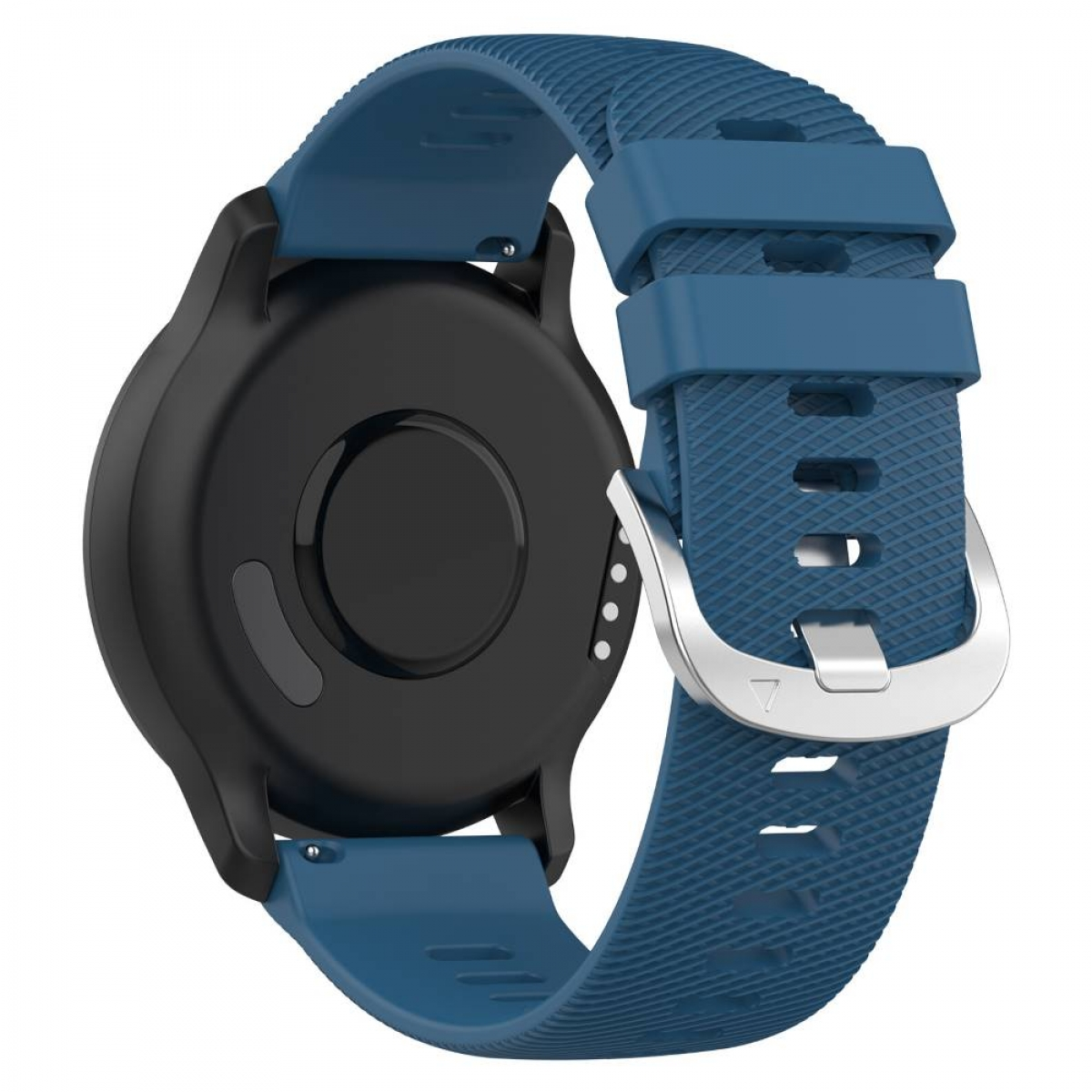 Schwarze Smartwatch mit blauem Band. Silberne Schnalle. Rückseite der Uhr wird gezeigt.