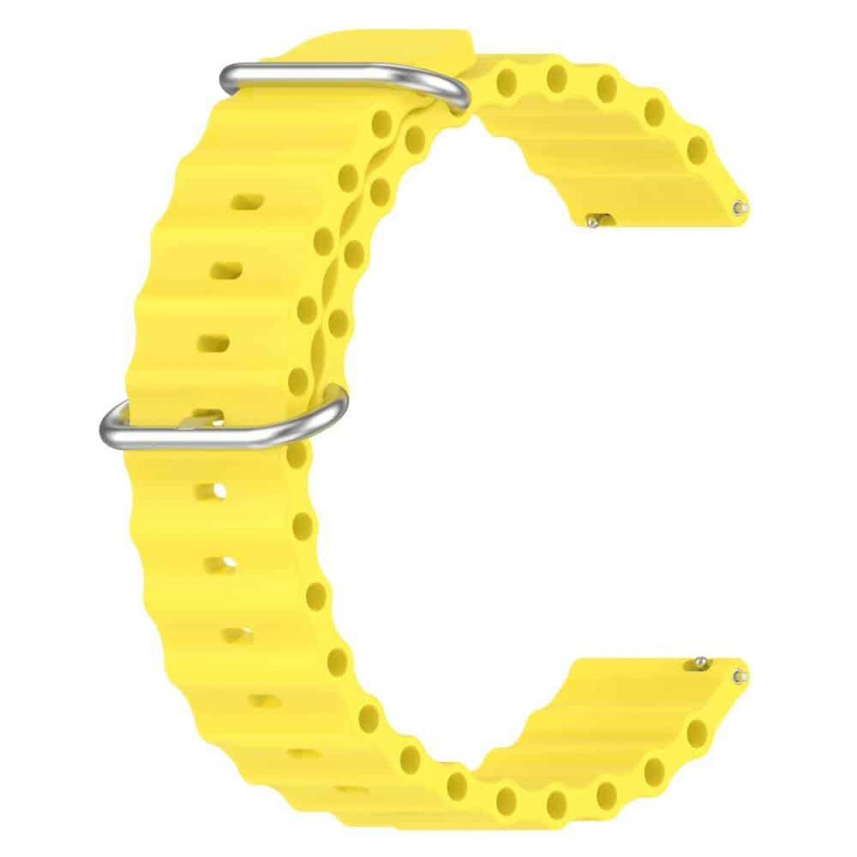 Gelbes Uhrenarmband. Das Armband hat ein wellenförmiges Design. Das Armband ist gebogen.