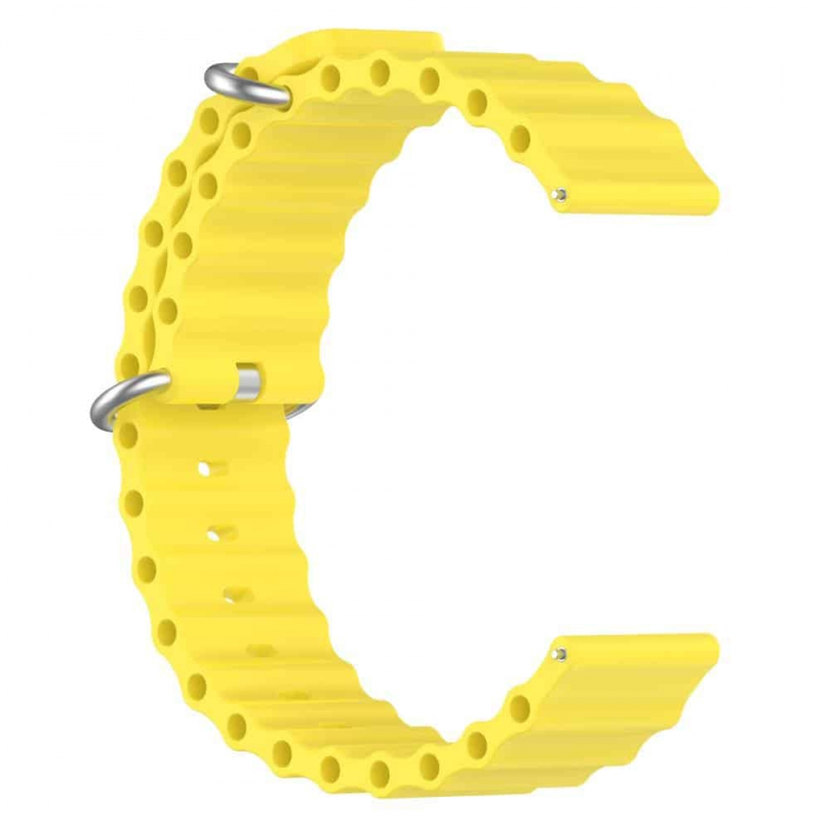 Gelbes Uhrenarmband mit mehreren Löchern und einem geschwungenen Design.