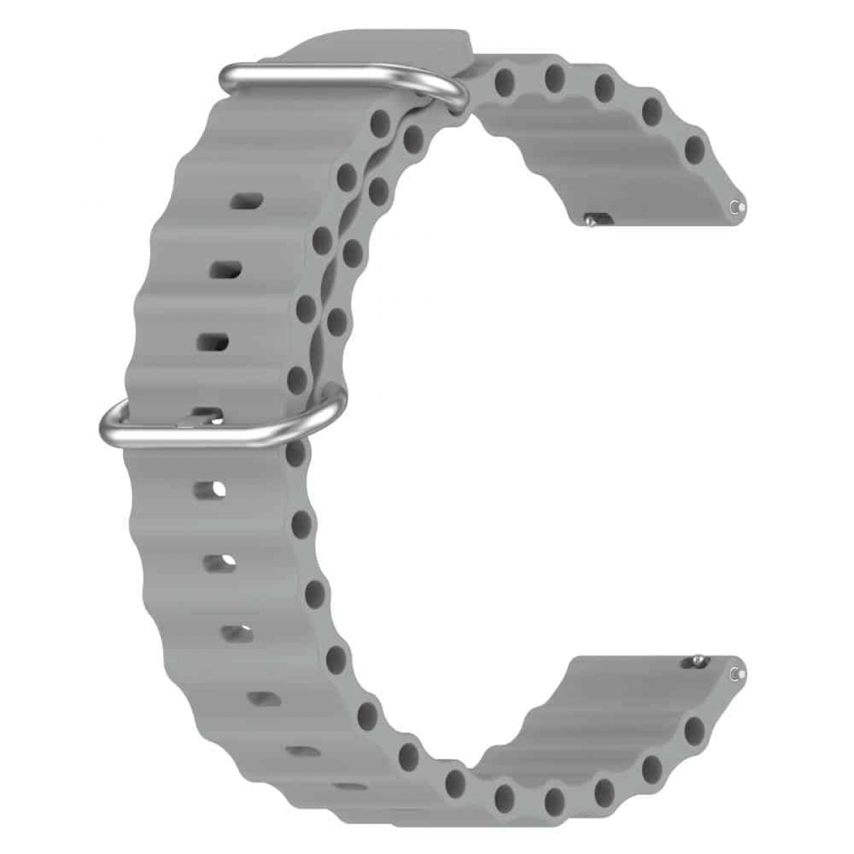 Nahaufnahme eines grauen Uhrenarmbands mit silberner Schnalle. Wellenförmige Rippenstruktur.