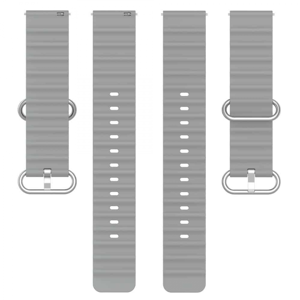 Vier graue Uhrenarmbänder mit silbernen Schnallen auf weißem Hintergrund.