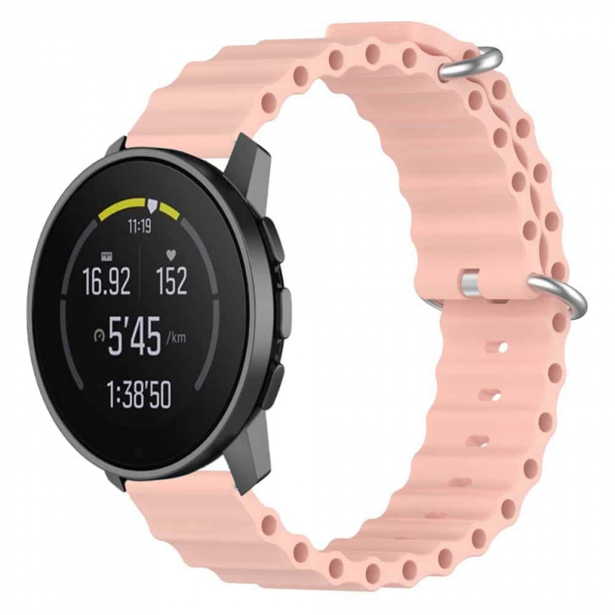 Eine schwarze Smartwatch mit pinkfarbenem Armband zeigt Zeit und Statistiken an.