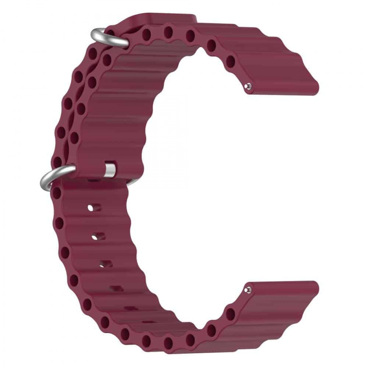 Weinrotes Uhrenarmband mit gewelltem Design und silbernen Verschlüssen.