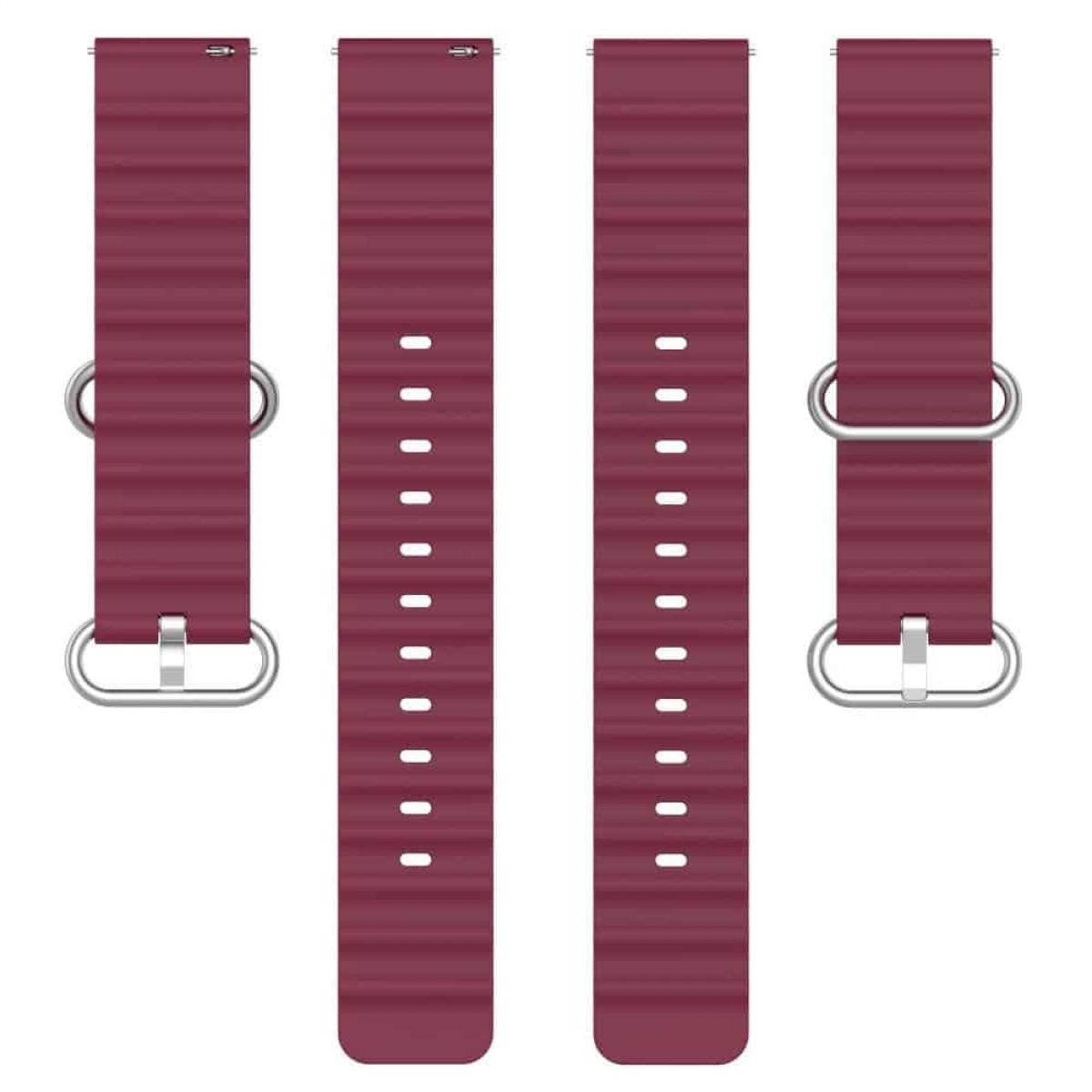 Vier weinrote Uhrenarmbänder mit silbernen Schnallen. Jedes hat weiße Linien.