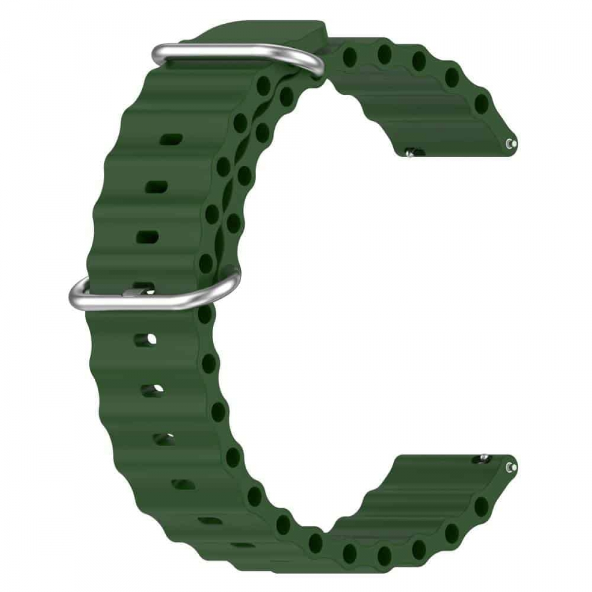 Grünes Uhrenarmband mit strukturierter Oberfläche und Metallverschlüssen. Weißer Hintergrund.