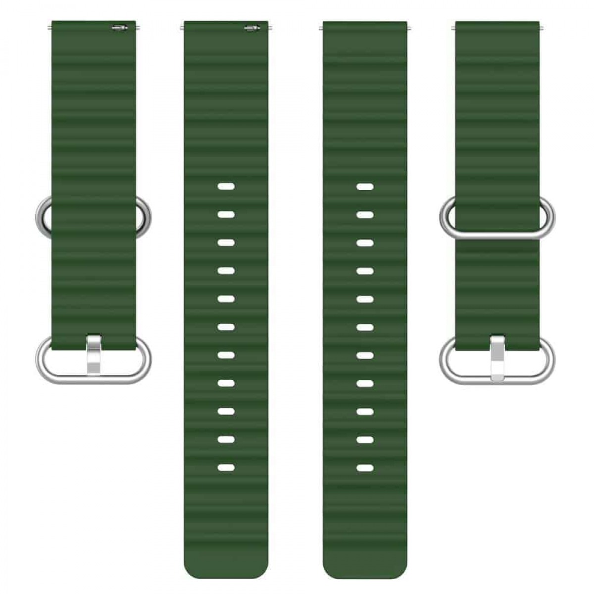 Vier grüne Uhrenarmbänder mit silbernen Schnallen. Jedes hat weiße Linien.