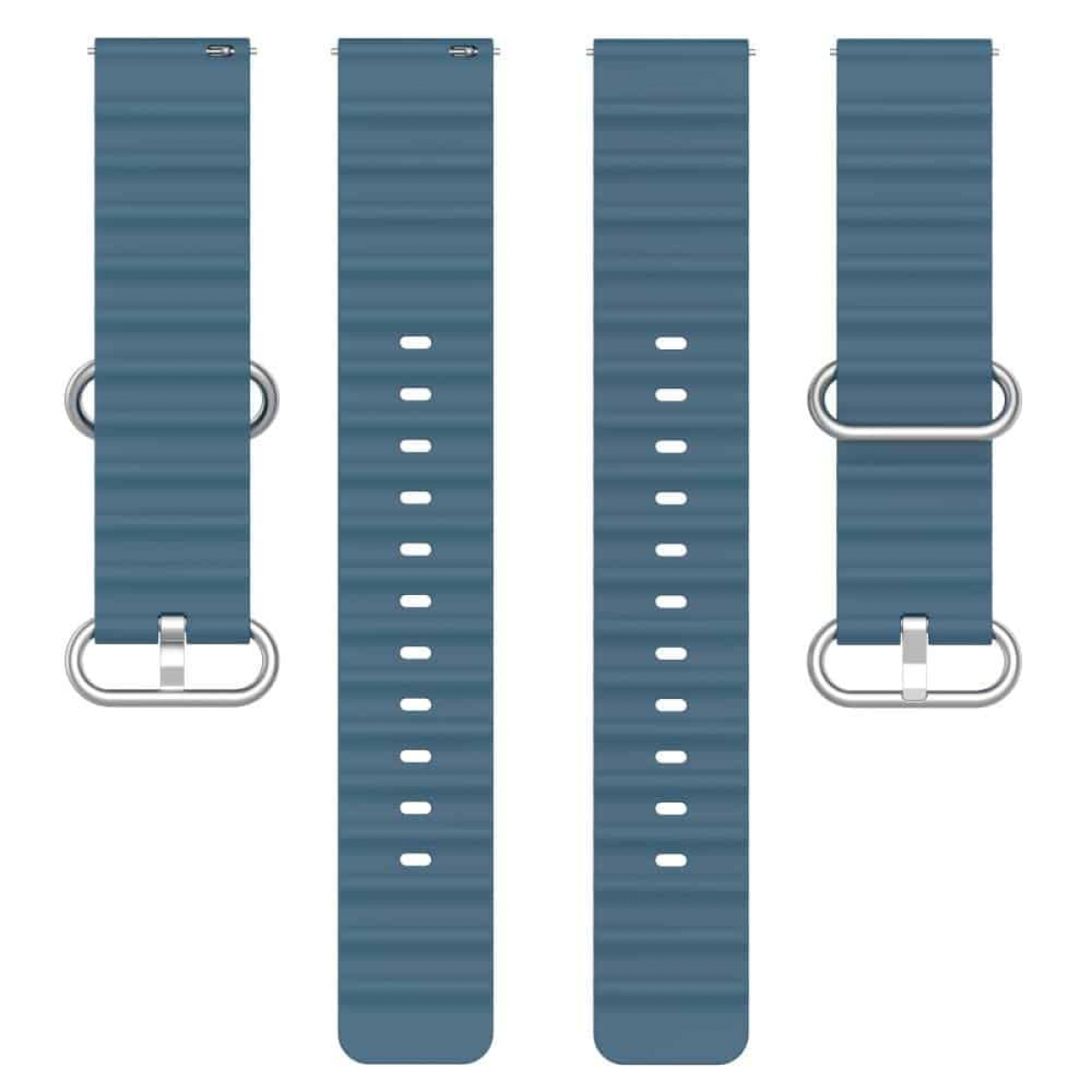 Vier blaue Uhrenarmbänder mit silbernen Schnallen.
