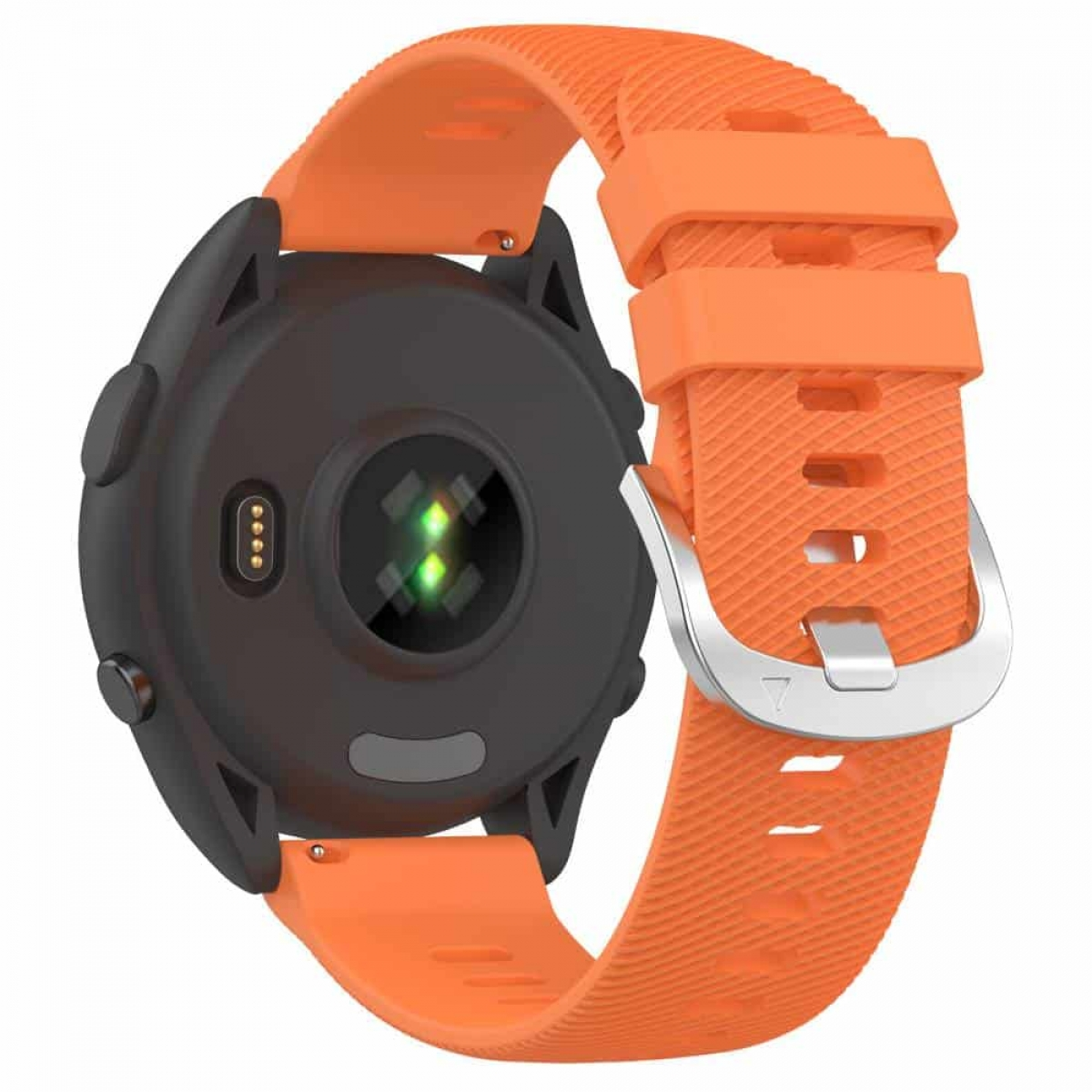 Orange Smartwatch mit orangefarbenem Armband, schwarzer Rückseite und Metallschnalle.