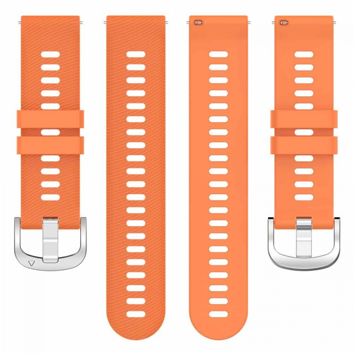 Vier orangefarbene Armbänder mit silbernen Schnallen und Lochungen.