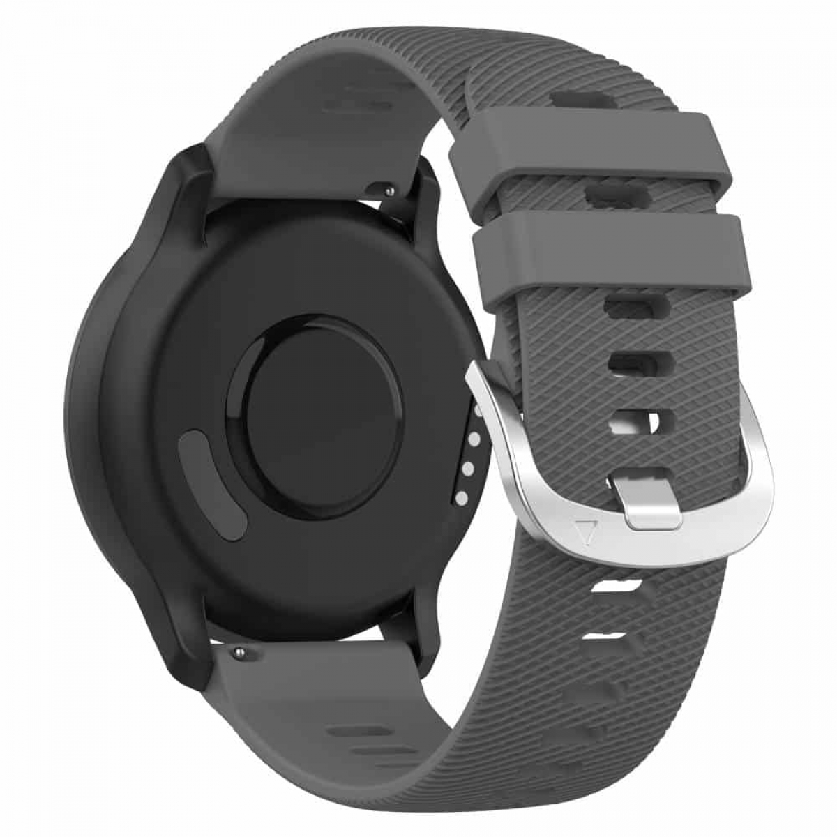 Graue Smartwatch mit Armband und silberner Schnalle.