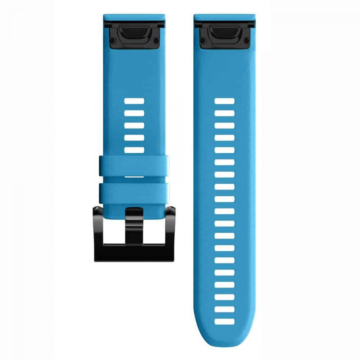 Zwei hellblaue Uhrenarmbänder mit schwarzen Schnallen und Löchern.