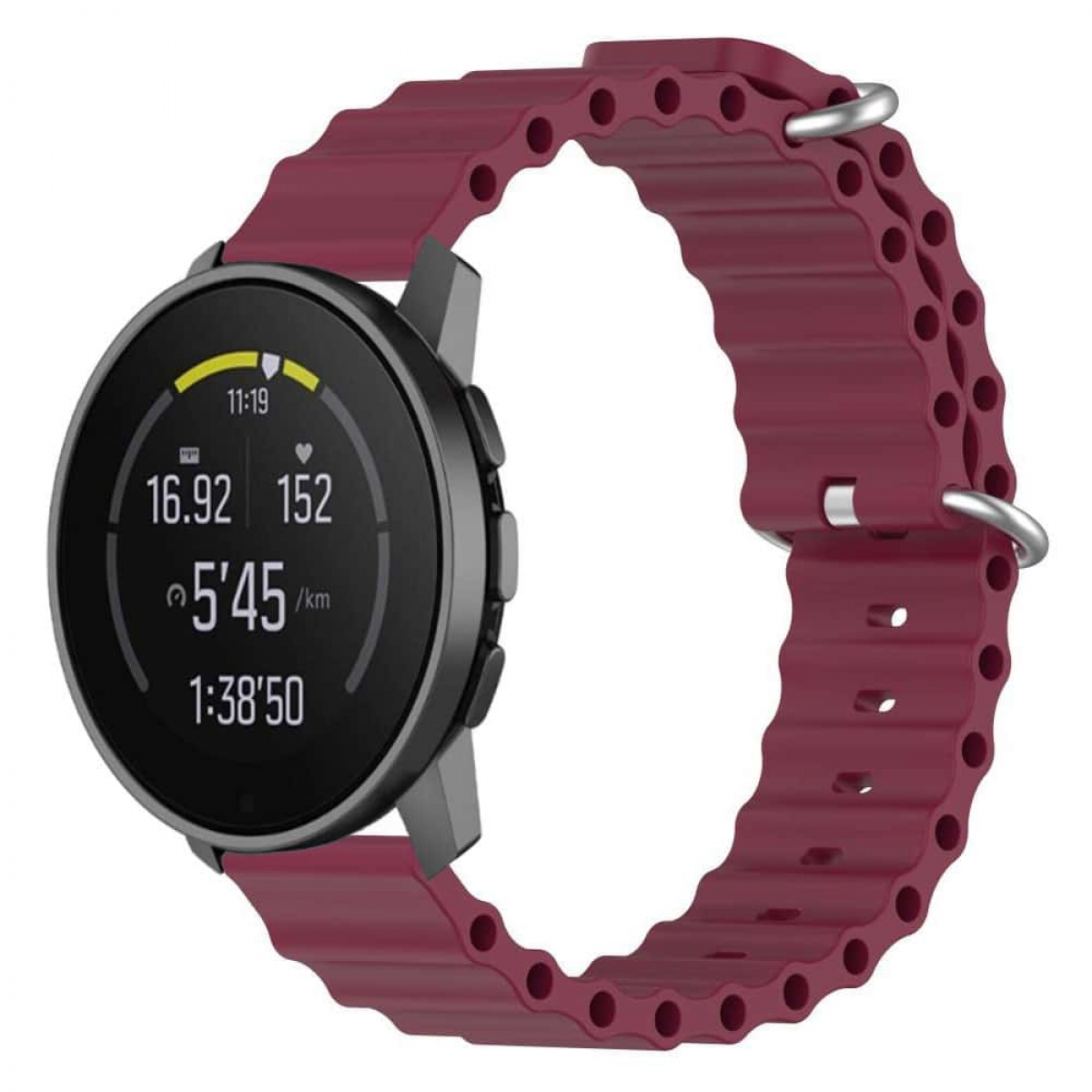 Eine Smartwatch mit burgunderfarbenem Armband, die Zeit und Fitnessdaten anzeigt.