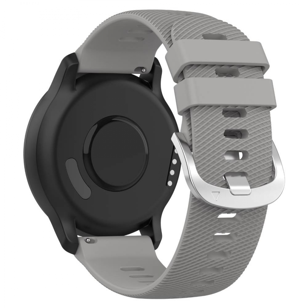 Smartwatch mit grauem Armband. Die Uhr ist schwarz, das Armband grau, weißer Hintergrund.