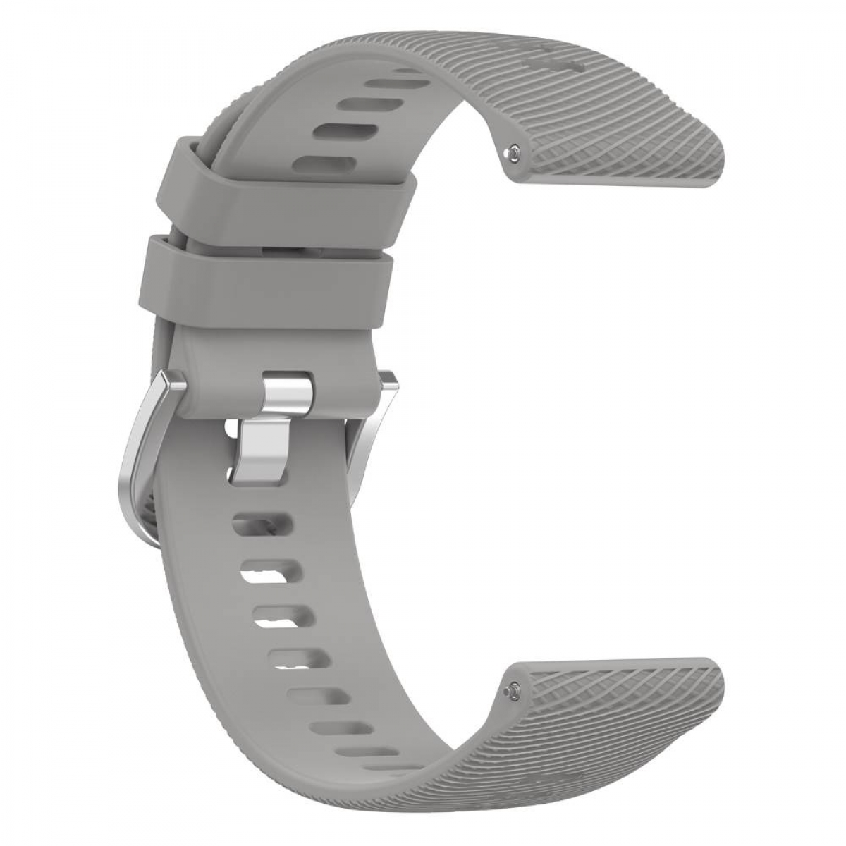 Ein graues Uhrenarmband mit Schnalle. Das Armband ist strukturiert.