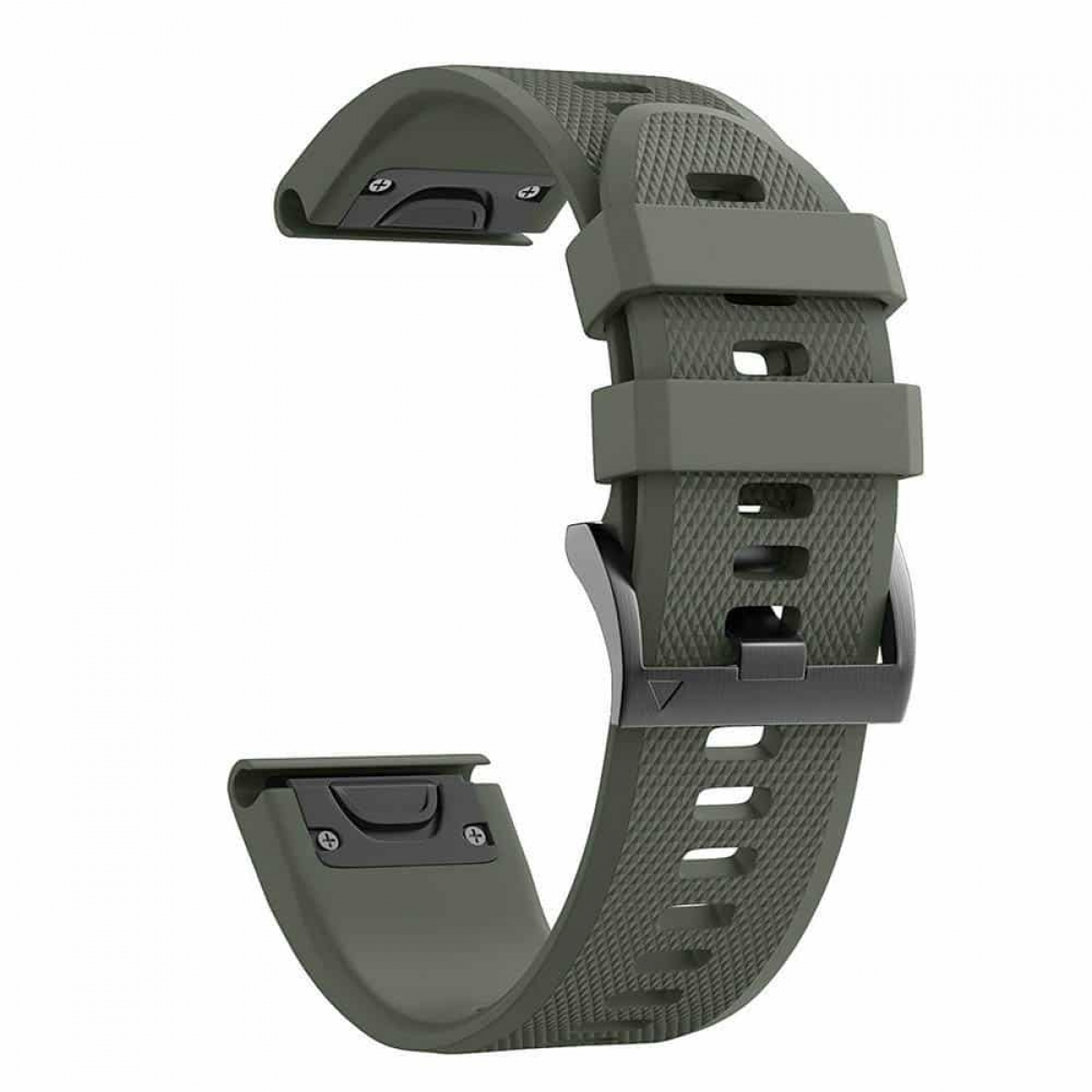 Grünes Uhrenarmband mit strukturierter Oberfläche, schwarze Schnalle.