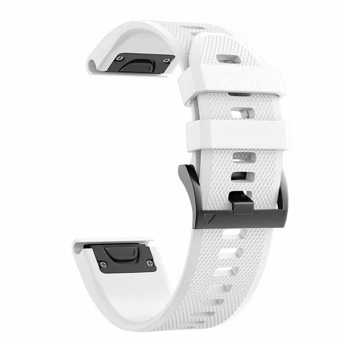 Weißes Armband mit strukturierter Oberfläche und schwarzer Schnalle. Das Band ist offen.