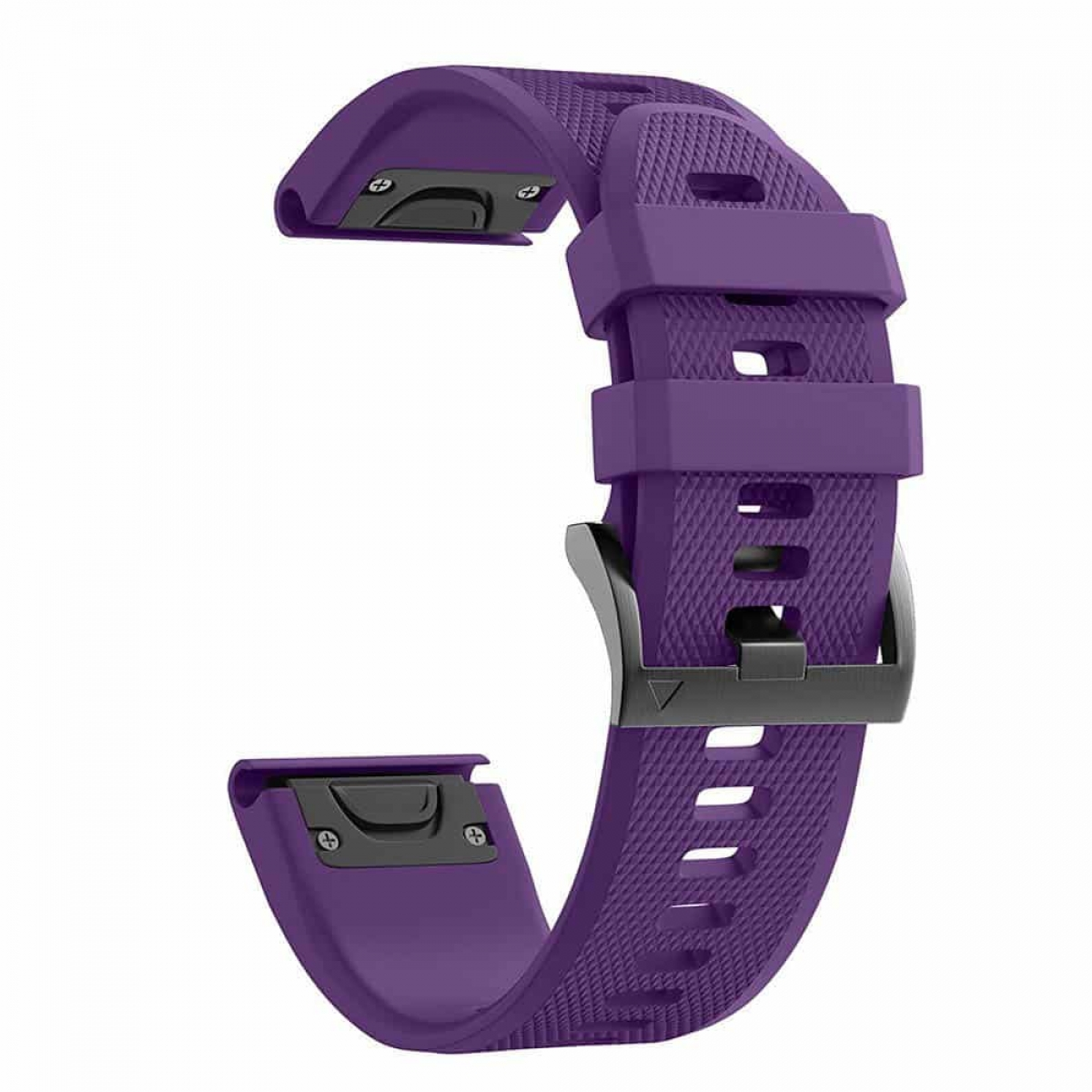 Ein lila Uhrenarmband mit einer schwarzen Schnalle. Das Band hat eine geriffelte Textur.