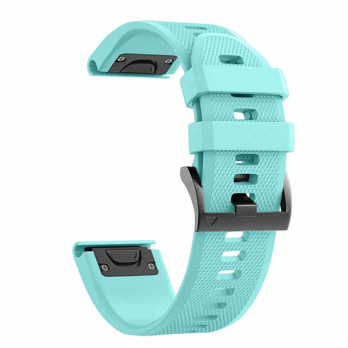 Hellblaues Uhrenarmband mit schwarzem Verschluss. Das Armband hat eine strukturierte Oberfläche.