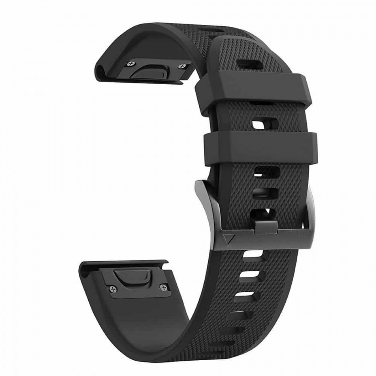 Schwarzes Uhrenarmband mit strukturierter Oberfläche und schwarzer Schnalle.
