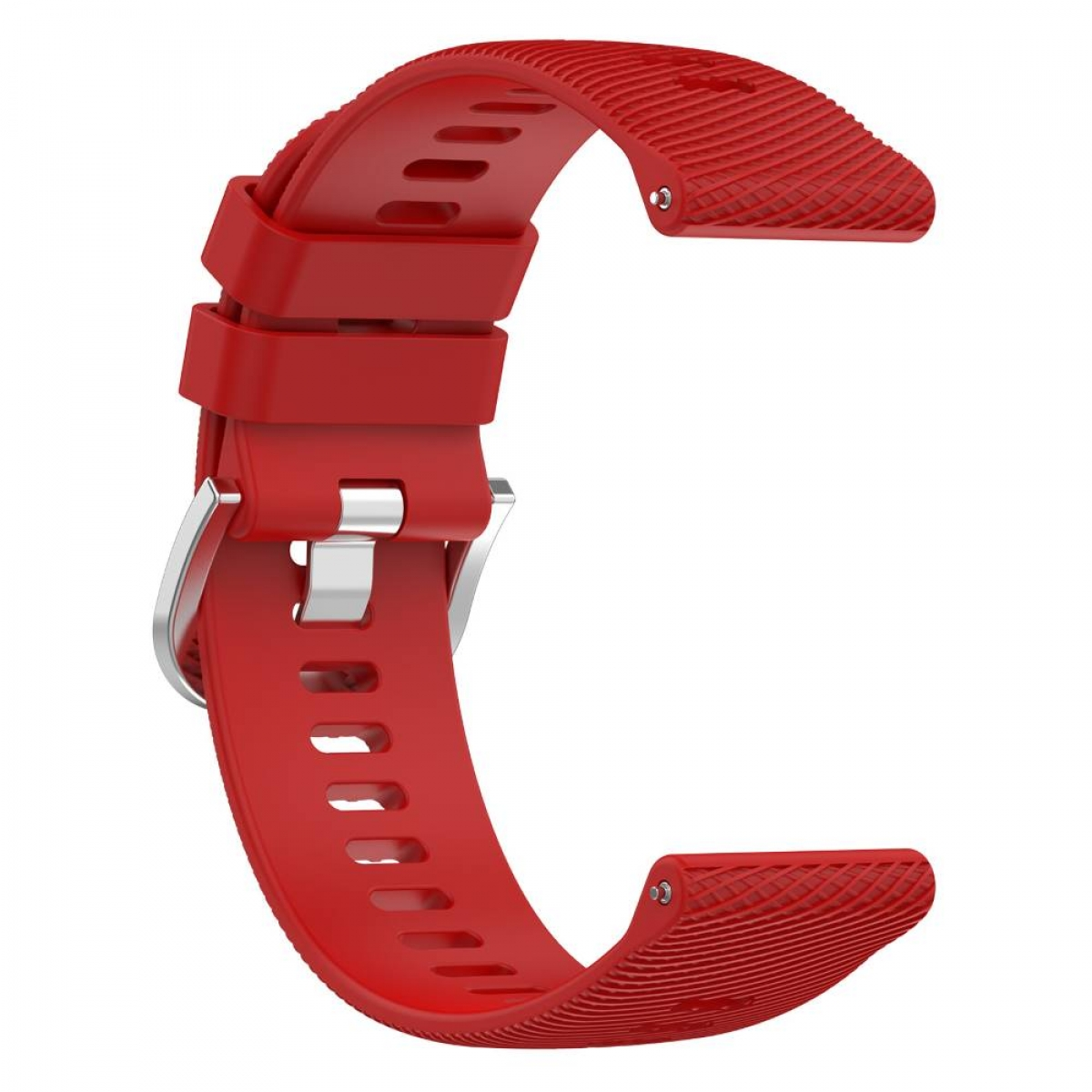 Rotes Uhrenarmband mit geriffelter Oberfläche und Metallverschluss.
