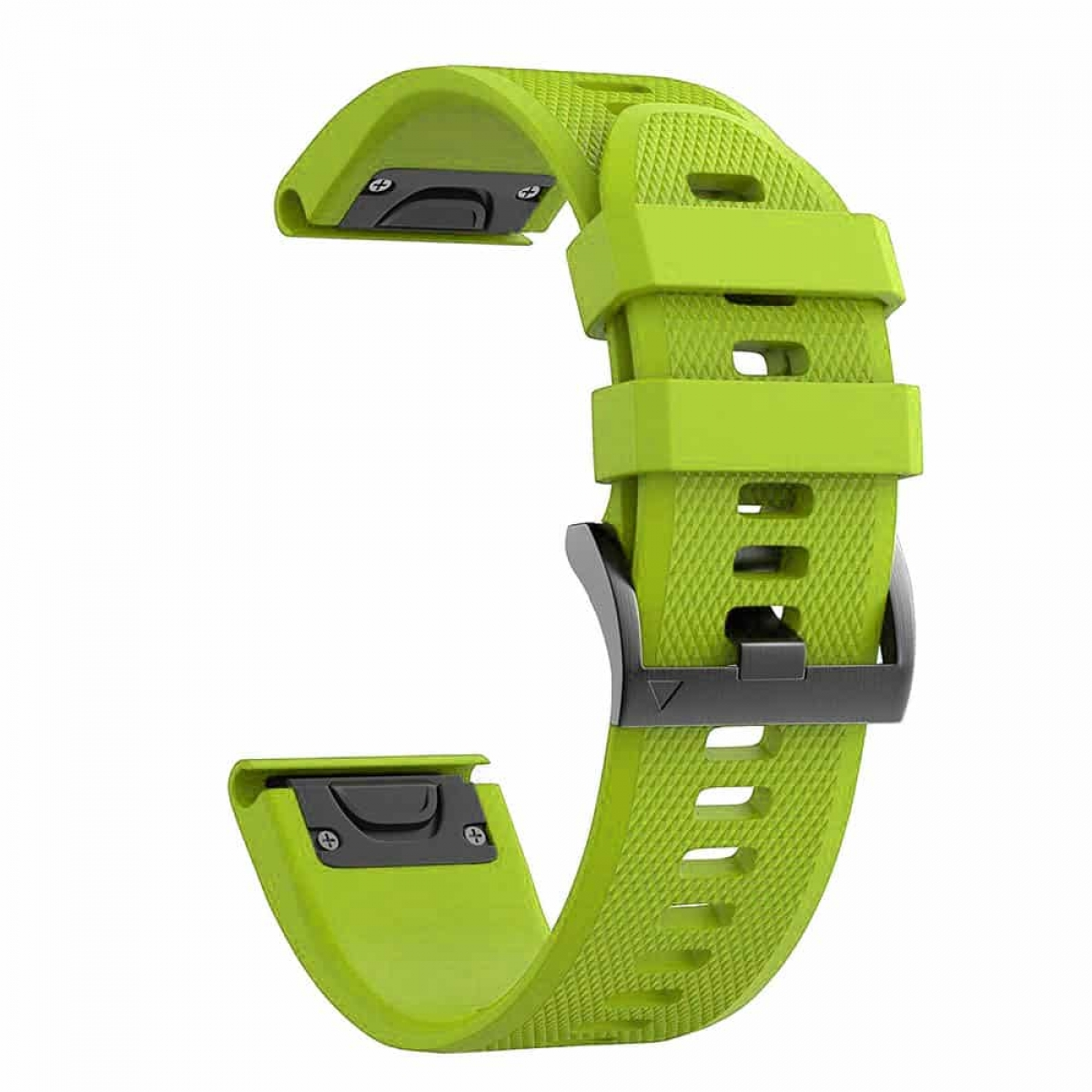 Limettengrünes Uhrenarmband mit strukturierter Oberfläche und schwarzen Verschlüssen.