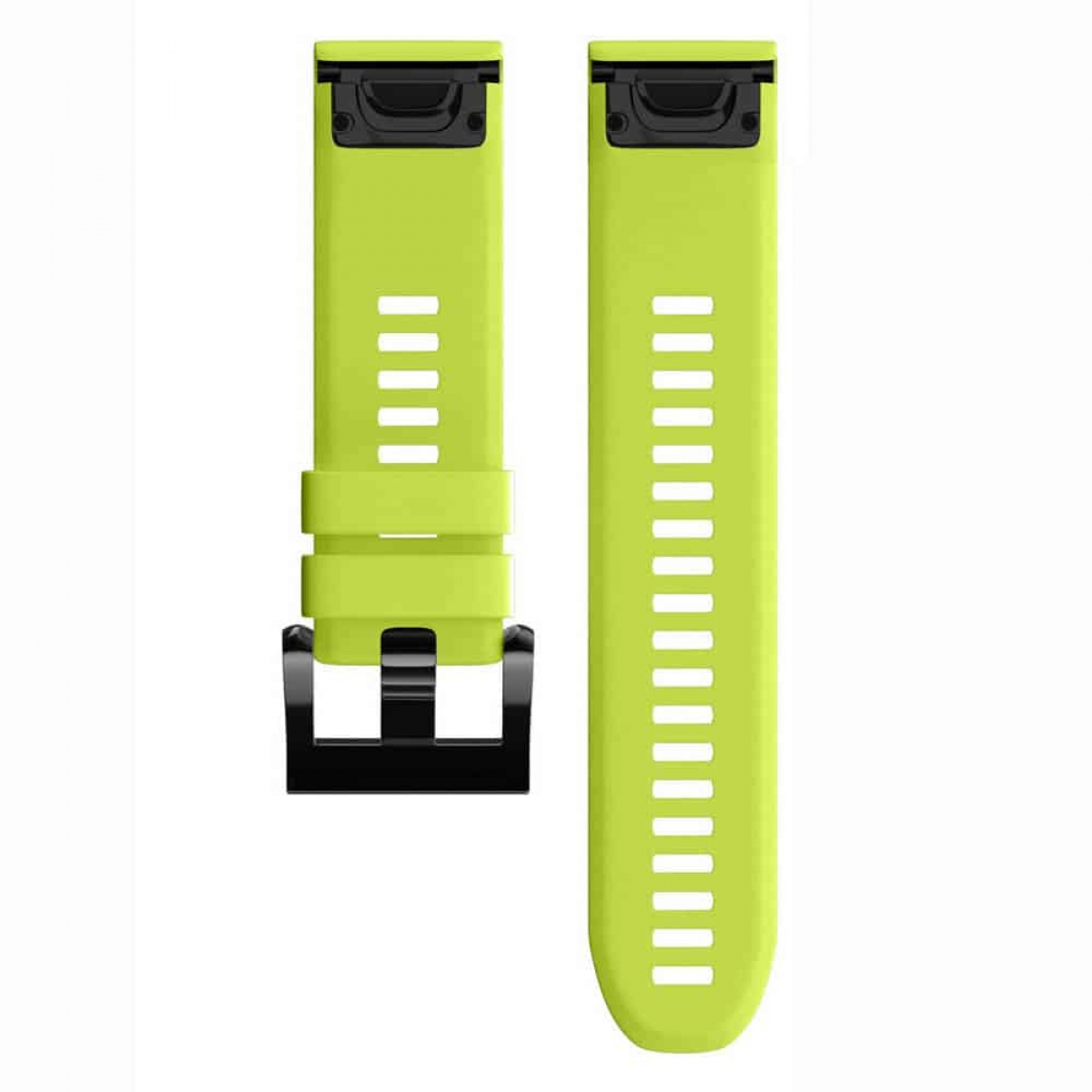 Limettengrünes Uhrenarmband, zweiteilig. Schwarze Schnalle. Vertikale Rillen am Band.