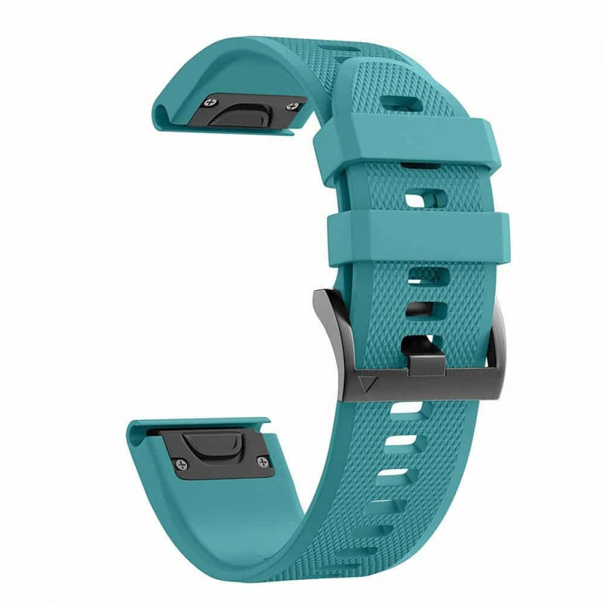 Türkisfarbenes Uhrenarmband, C-förmig, mit schwarzer Schnalle und strukturiertem Muster.
