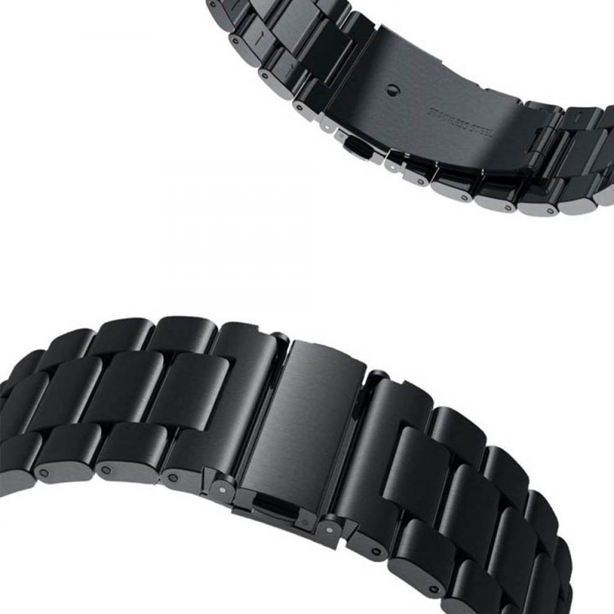 Schwarzes Uhrenarmband mit Schnalle. Edelstahl. Nahaufnahme.