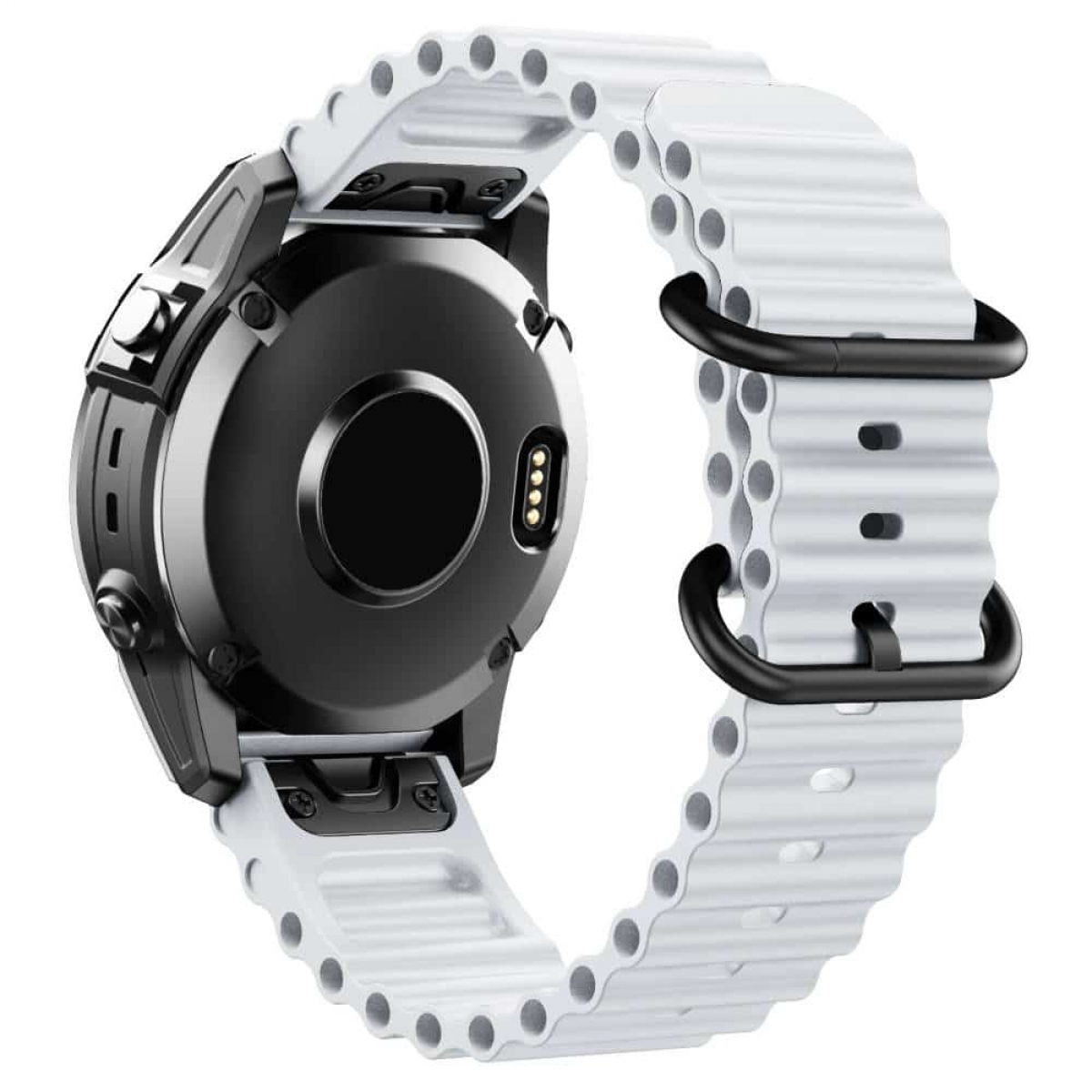 Weiße Uhr und Armband, schwarze Akzente und ein strukturiertes weißes Armband.