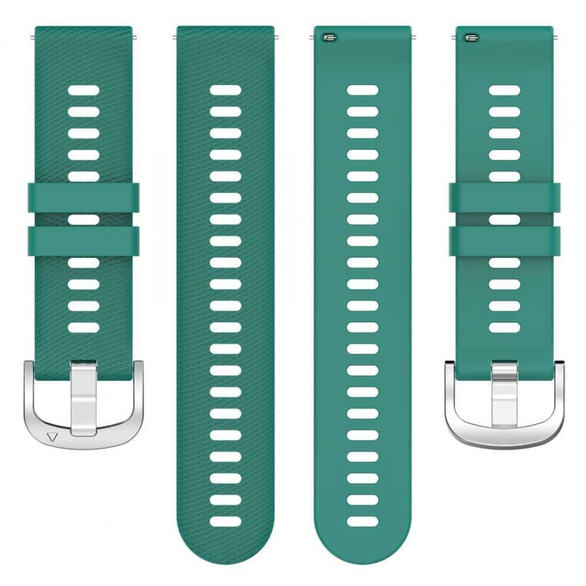 Vier grüne Uhrenarmbänder. Unterschiedliche Lochungen und Schnallen auf weißem Hintergrund.