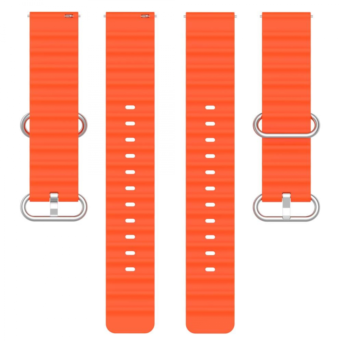Vier orangefarbene Uhrenarmbänder. Das linke hat eine Schnalle, die anderen drei haben Löcher.